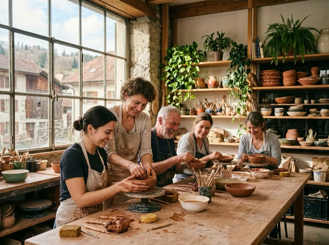 Atelier de poterie autour d'une grande table en bois