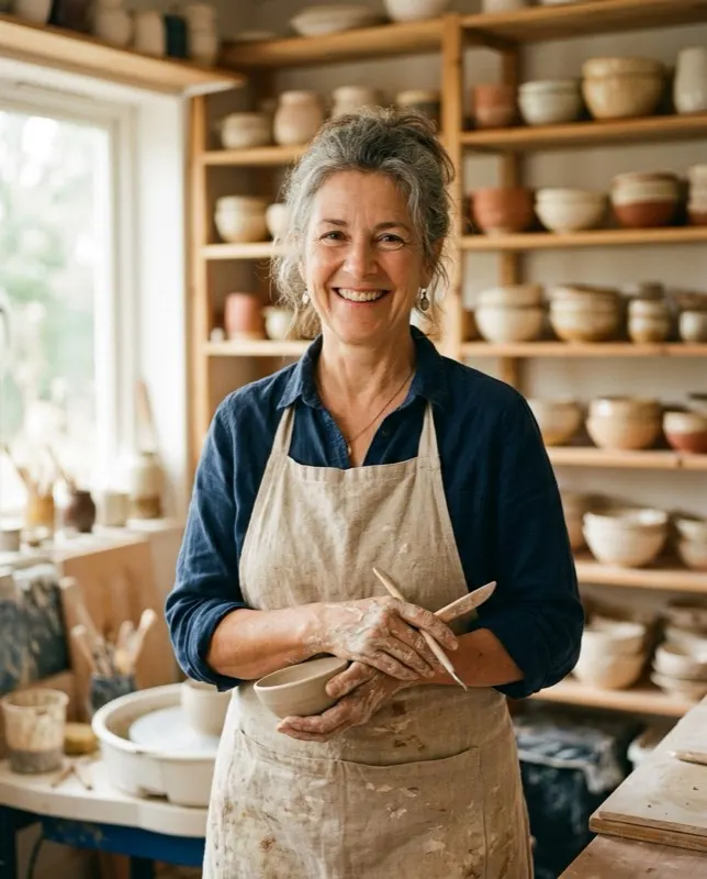 Céramiste souriante dans son atelier