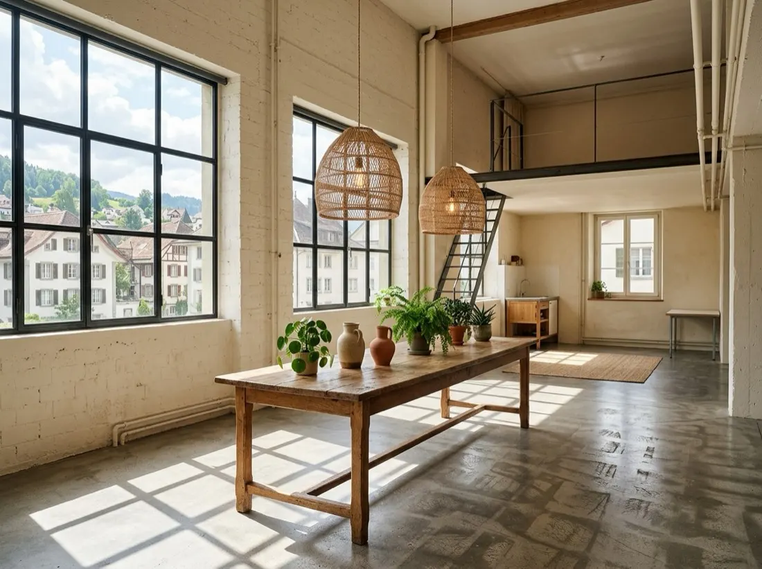 Loft lumineux avec grandes verrières et table en bois