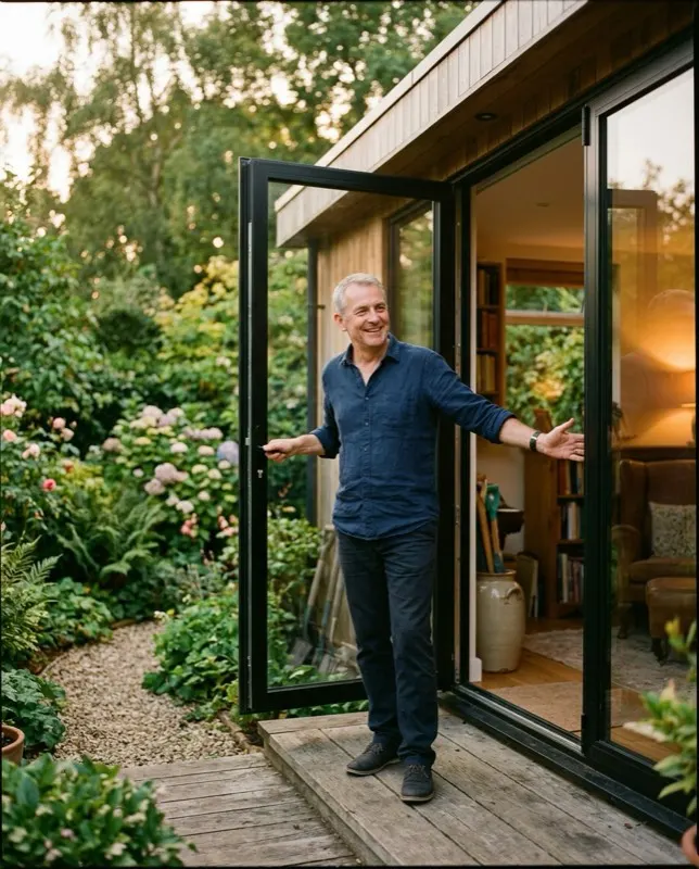 Propriétaire ouvrant les portes de son studio de jardin