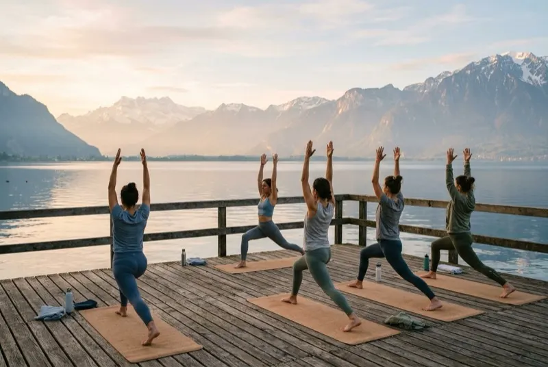 Yoga au bord du lac au lever du soleil